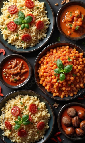 A vibrant assortment of delicious dishes featuring rice, lentils, and flavorful sauces garnished with fresh basil and tomatoes, perfect for food-related projects and marketing.