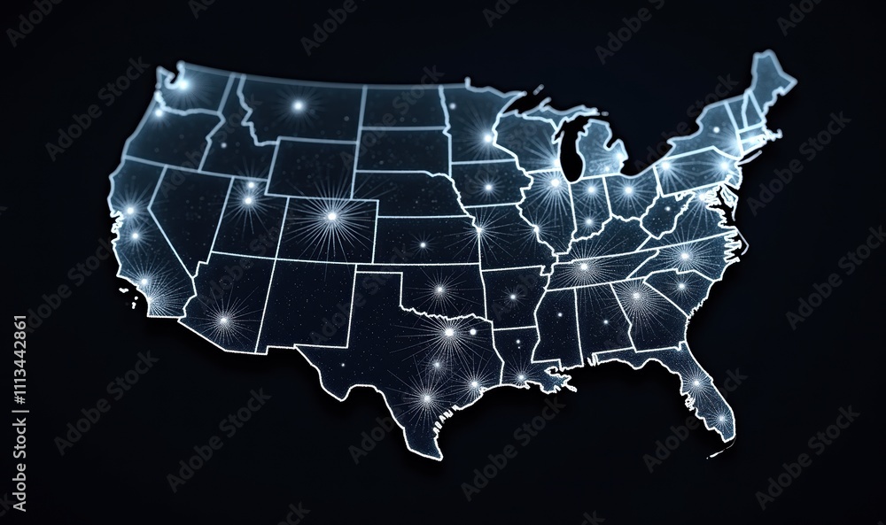 Obraz premium A glowing, high-tech map of the United States, showcasing interconnected nodes, ideal for technology, logistics, or communication-related projects.