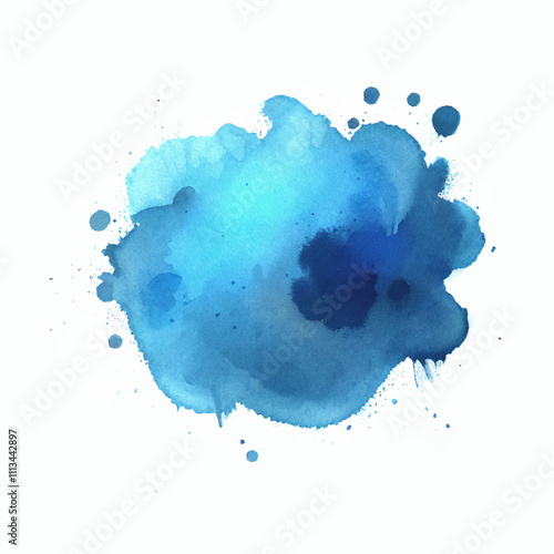 Azure watercolor wash vector illustration. A vibrant blue watercolor splash on white canvas. Deep cerulean hues bleed outwards, their intensity gradually softening into wispy, cloud-like shapes