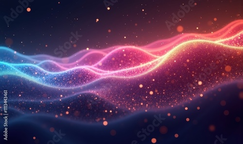 Vibrant abstract waves with glowing particles create a dynamic visual perfect for tech, music, and digital media projects.