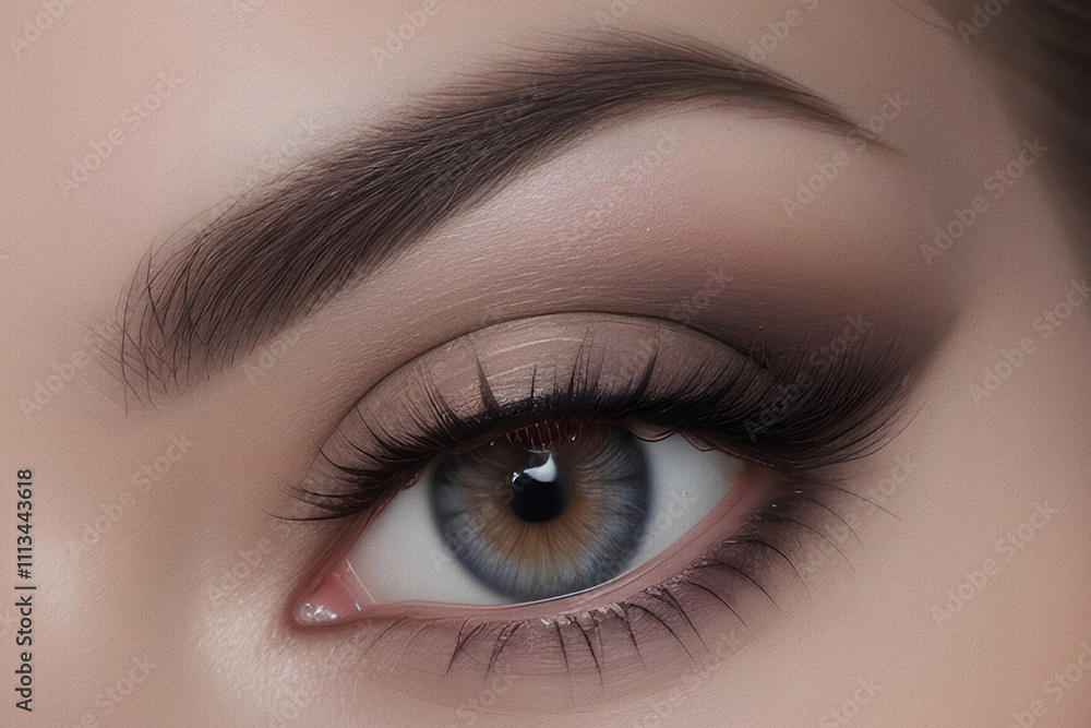 Obraz premium Eye makeup with eyeshadow and arrow. Beautiful macro shot of female eye make-up. Blue eye. Creative fashion make-up. Perfect shape of eyebrow. Cosmetics.