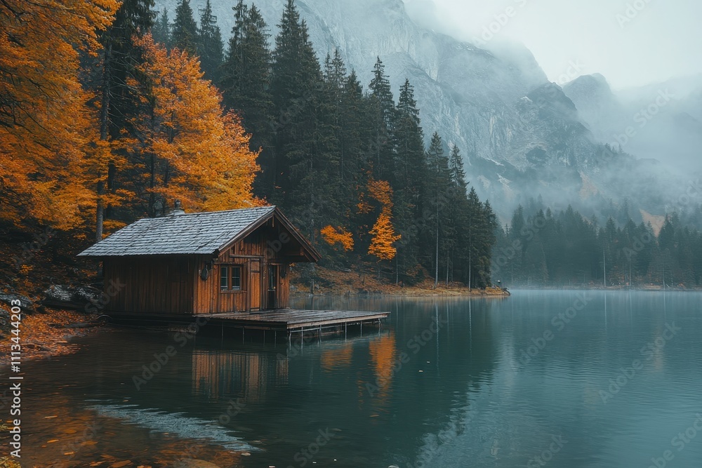 Fototapeta premium Wooden cabin by tranquil lake in autumn. Perfect for travel, nature, or serenity themes.