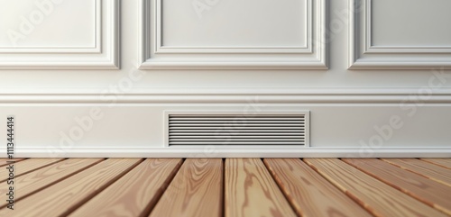 A clean and modern interior featuring a decorative wall and wooden flooring with a vent. Ideal for showcasing home improvement  real estate  or interior design concepts.