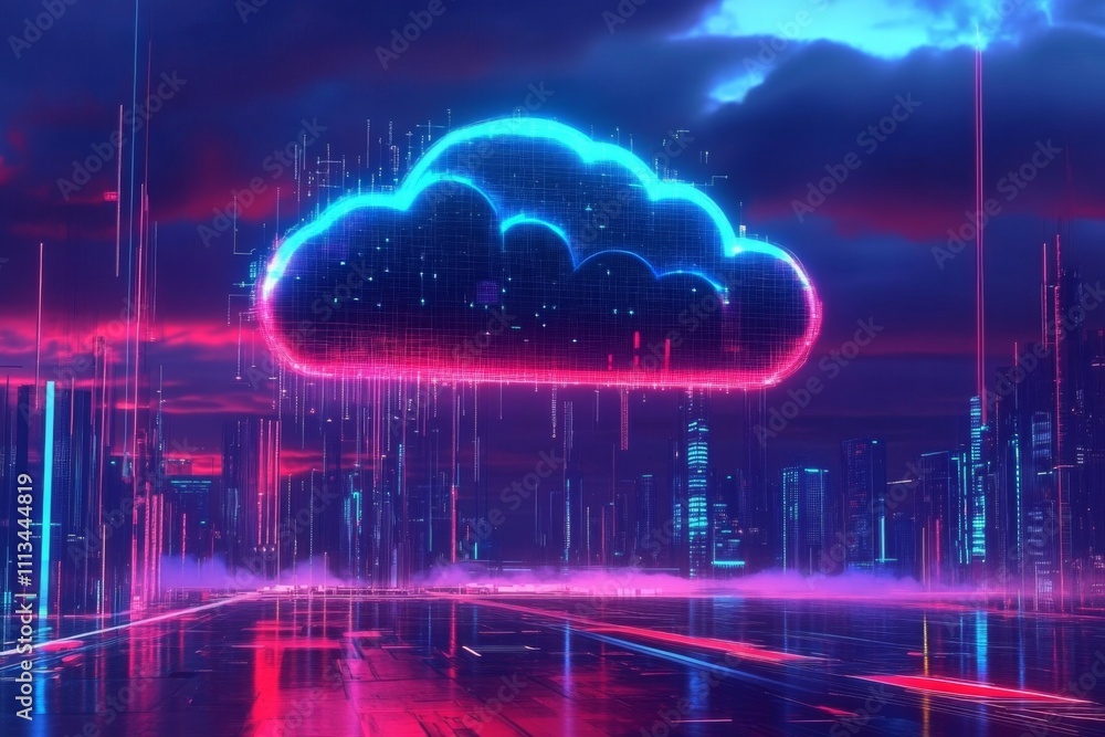 Futuristic Cityscape with Cloud Computing Concept Featuring Technological Atmosphere, Dramatic Lighting, and Powerful Aesthetic Futuristic Cityscape with Cloud Computing Concept Featuring Technological Atmosphere, Dramatic Lighting, and Powerful Aesthetic