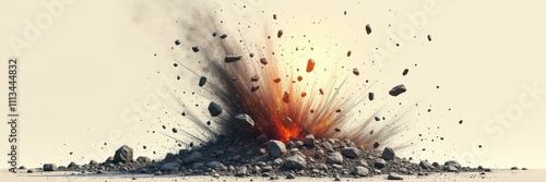 A dynamic explosion effect showcasing debris and smoke, ideal for action-packed visuals in entertainment, gaming, or construction industries. photo