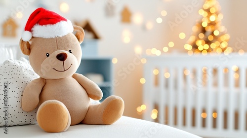 Christmas nursery decor concept. A cute teddy bear wearing a Santa hat sits in a cozy nursery decorated for the holidays.