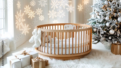 Christmas nursery decor concept. Cozy nursery with a wooden crib, decorated for winter, featuring a Christmas tree and softly glowing snowflakes.