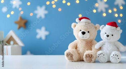 Christmas nursery decor concept. Two cute teddy bears in Santa hats sit against a festive background of lights and snowflakes.