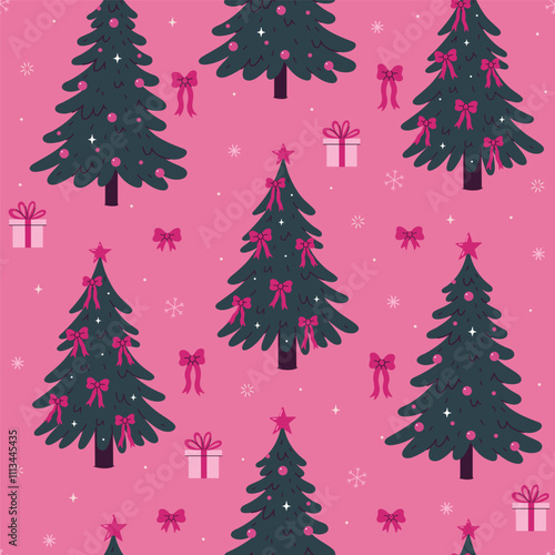 Seamless pattern with Christmas trees decorated with balls and bows. Vector graphics.