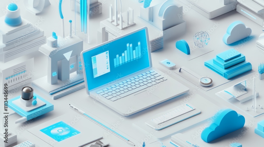 Abstract digital workspace, a 3D render of a laptop, books, data, and technology icons on a white surface, showcasing modern, futuristic, and business-related elements. Abstract digital workspace, a 3D render of a laptop, books, data, and technology icons on a white surface, showcasing modern, futuristic, and business-related elements.