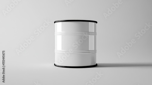 A white barrel with no contents. It is sitting on a white surface. The barrel is cylindrical in shape