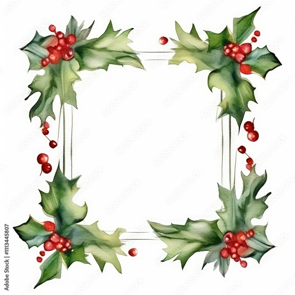 Watercolor Holly Frame with Red Berries Watercolor Holly Frame with Red Berries