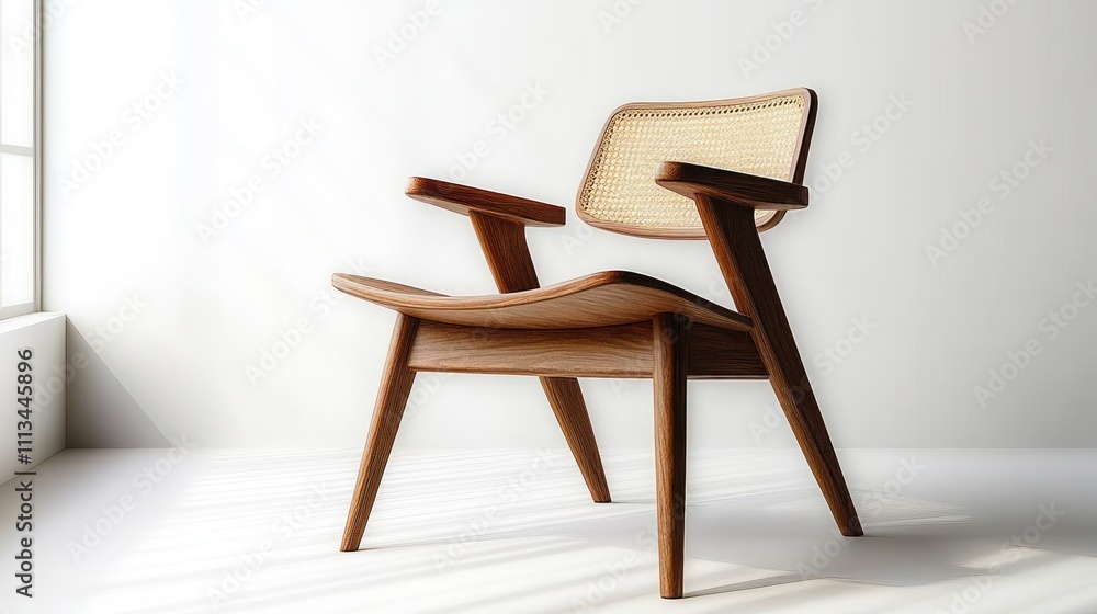 Fototapeta premium Minimalistic Scandinavian Wooden Chair with Woven Cane Backrest and Seat Isolated on White Background