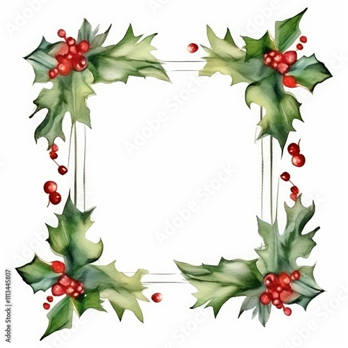 Watercolor Holly Frame with Red Berries