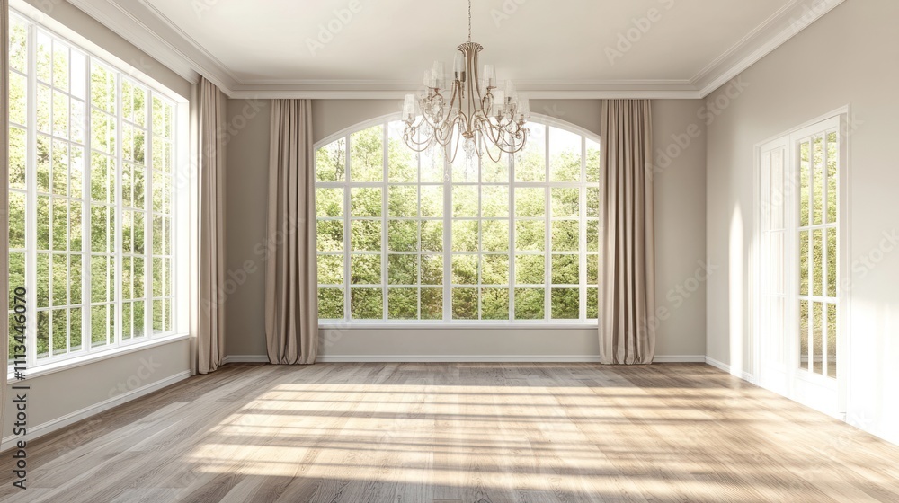 Fototapeta premium Sunlit empty room with hardwood floors, arched windows, and chandelier.