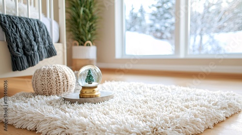 Christmas nursery decor concept. Cozy winter scene featuring a snow globe, soft rug, and natural light from a window.