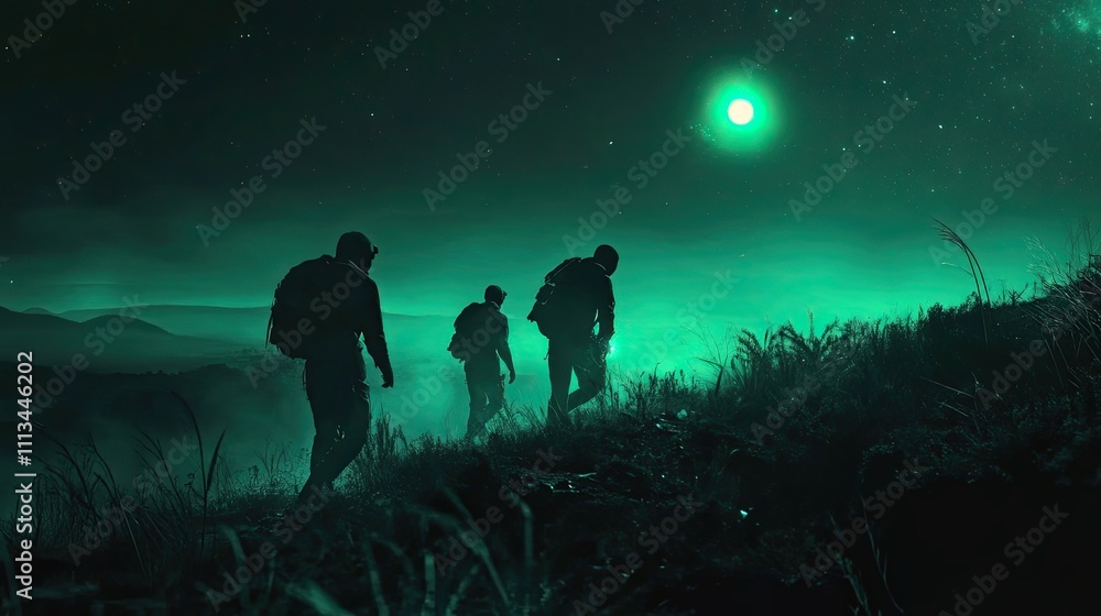 Three Hikers Journey Underneath A Night Sky Three Hikers Journey Underneath A Night Sky