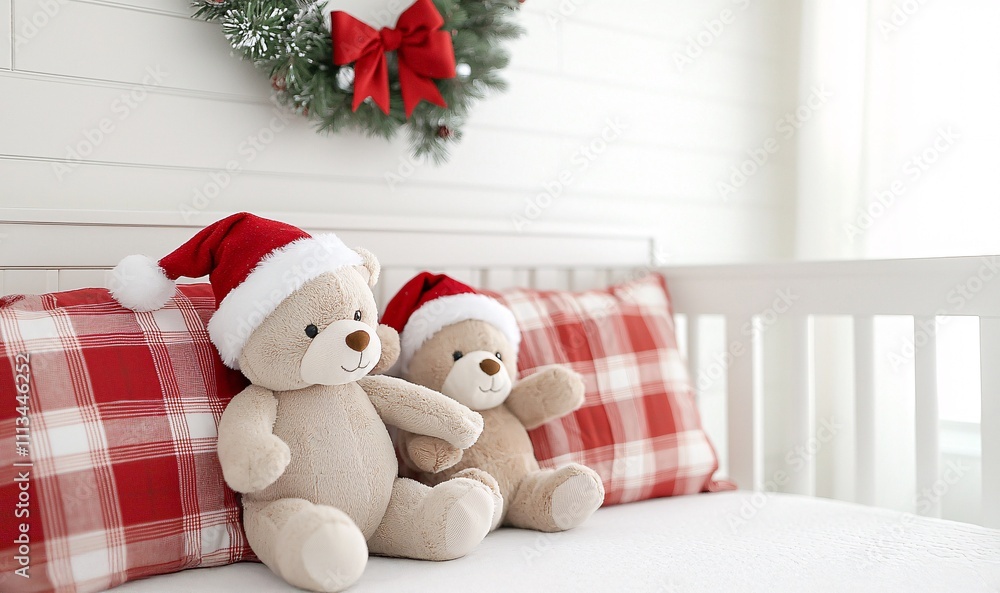 Fototapeta premium Christmas nursery decor concept. Two teddy bears wearing Santa hats sit on a cozy bed with festive pillows and a Christmas wreath.