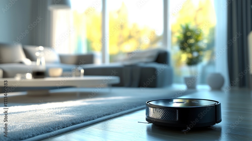 A modern robotic vacuum cleaner on a carpet in a living room. A modern robotic vacuum cleaner on a carpet in a living room.