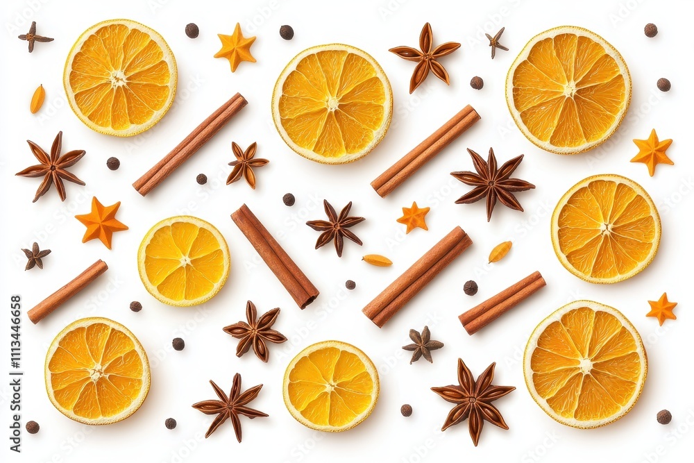 Dried Citrus Slices with Cinnamon and Star Anise on White Background Dried Citrus Slices with Cinnamon and Star Anise on White Background