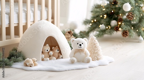 Christmas nursery decor concept. Cozy nursery scene with plush toys and a decorated Christmas tree.