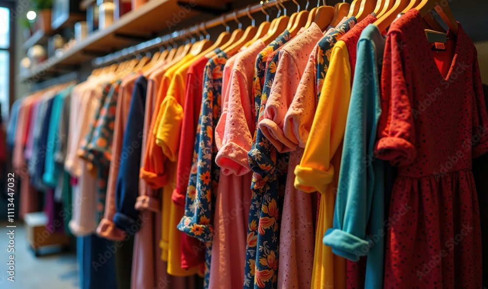 A vibrant display of colorful dresses hanging neatly, showcasing a stylish retail clothing collection in a boutique setting. A vibrant display of colorful dresses hanging neatly, showcasing a stylish retail clothing collection in a boutique setting.