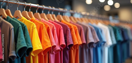 A vibrant display of colorful t-shirts hanging on a rack, perfect for showcasing fashion retail, textile design, or clothing marketing.