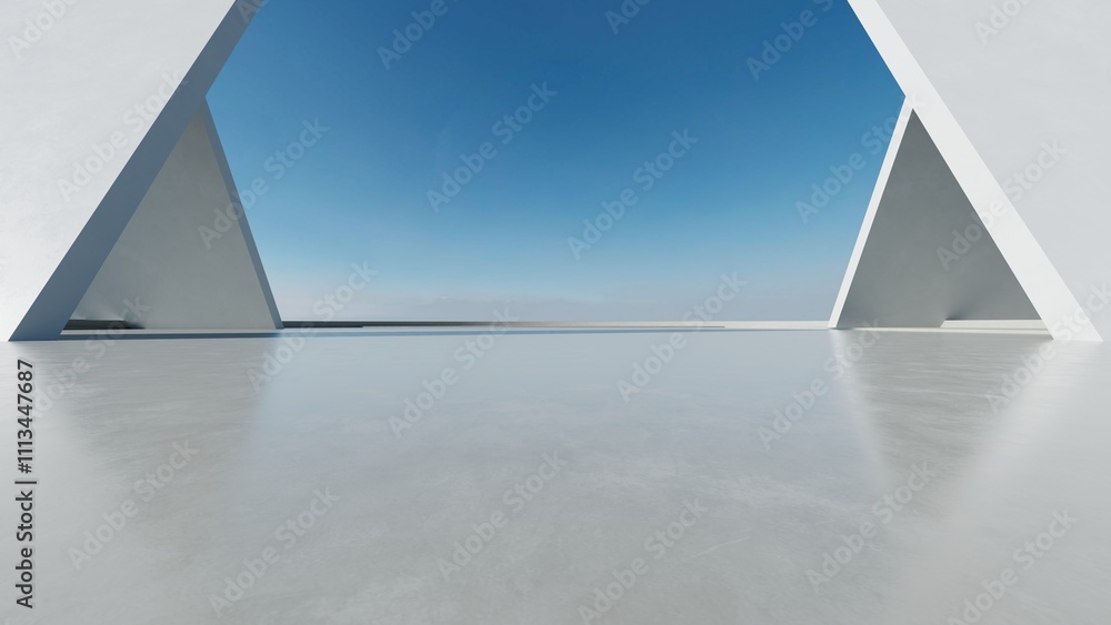 Fototapeta premium 3d render of abstract modern concrete architecture with empty cement floor, minimal exterior, car presentation background