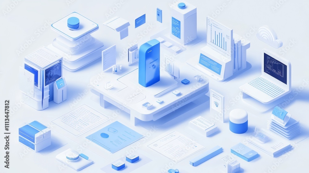 Abstract isometric representation of digital business tools, technologies, and processes on a light table. Abstract isometric representation of digital business tools, technologies, and processes on a light table.