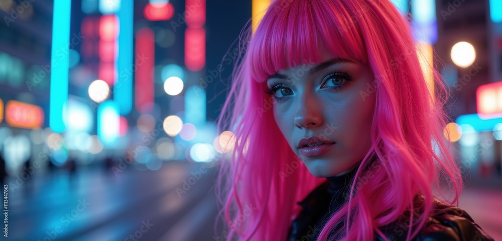 A striking portrait of a young woman with vibrant pink hair against a neon urban backdrop, capturing the essence of nightlife and modern fashion. A striking portrait of a young woman with vibrant pink hair against a neon urban backdrop, capturing the essence of nightlife and modern fashion.