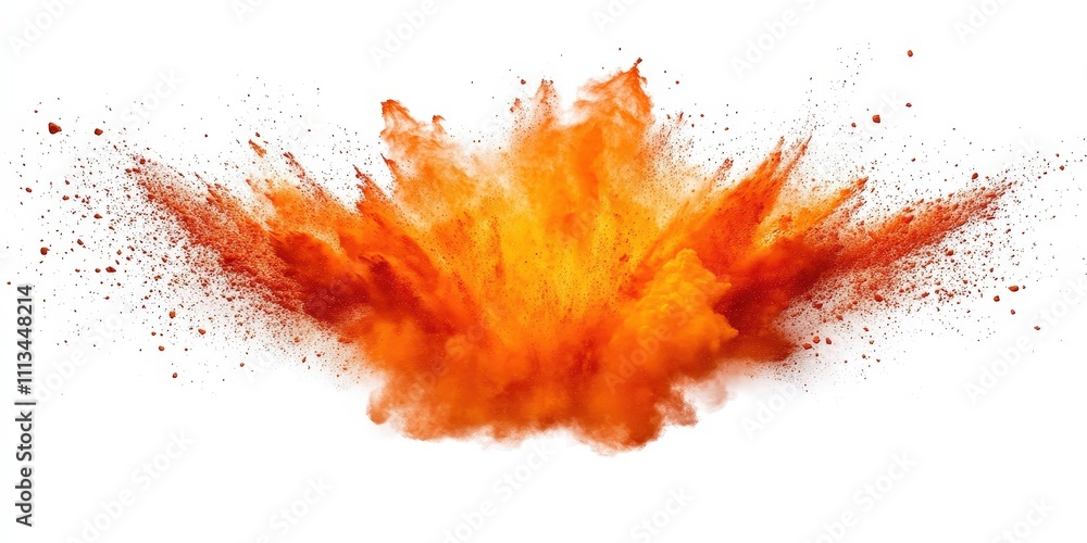 Dramatic Orange Powder Explosion Creating Chaos on a White Background with Splashes and Dust Particles in Motion Dramatic Orange Powder Explosion Creating Chaos on a White Background with Splashes and Dust Particles in Motion