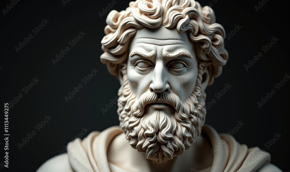 A striking close-up of a classical statue, showcasing intricate details of a bearded figure. Ideal for themes of history, art, philosophy, or culture. A striking close-up of a classical statue, showcasing intricate details of a bearded figure. Ideal for themes of history, art, philosophy, or culture.