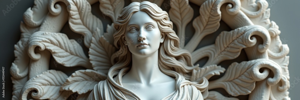 A beautifully crafted marble relief depicting a serene woman surrounded by elegant foliage, perfect for art, architecture, or historical-themed projects. A beautifully crafted marble relief depicting a serene woman surrounded by elegant foliage, perfect for art, architecture, or historical-themed projects.