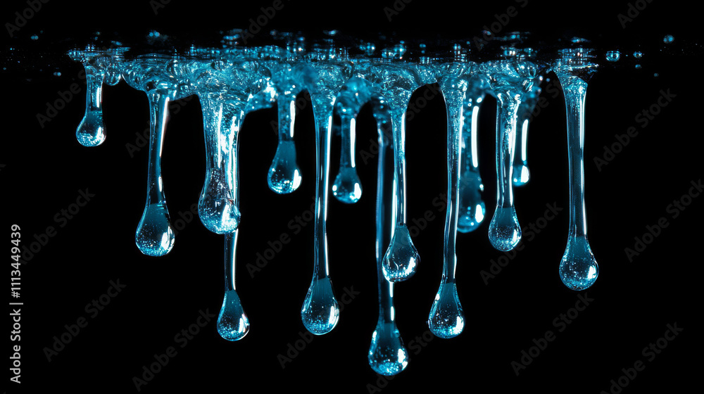 Dripping blue water isolated on transparent background. Vector realistic set of drops, splash and flow clear pure aqua, liquid watercolor paints or tears Dripping blue water isolated on transparent background. Vector realistic set of drops, splash and flow clear pure aqua, liquid watercolor paints or tears