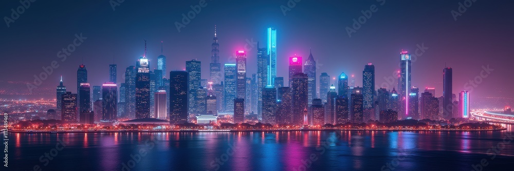 Obraz premium A stunning night view of a vibrant city skyline illuminated by colorful lights, reflecting on the water, perfect for urban, travel, and lifestyle themes.