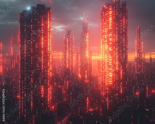 Futuristic Cityscape with Towering Corporate Logos Dominating the Skyline