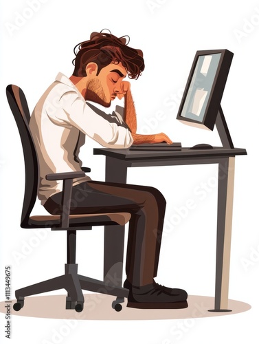 Emotional burnout. Lack of inspiration. Tiredness, overworked, fatigue. Exhausted office worker cartoon character sitting at workplace with computer. Vector isolated concept metaphor illustration photo