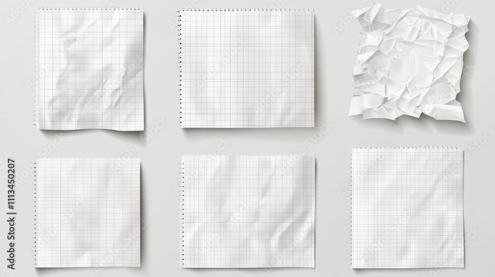 Torn notebook paper with wrinkles. Crumpled white sheet with checkered pattern. Realistic 3d vector illustration set of wrinkled blank scrapbook and collage design material. Memo note mockup. Torn notebook paper with wrinkles. Crumpled white sheet with checkered pattern. Realistic 3d vector illustration set of wrinkled blank scrapbook and collage design material. Memo note mockup.