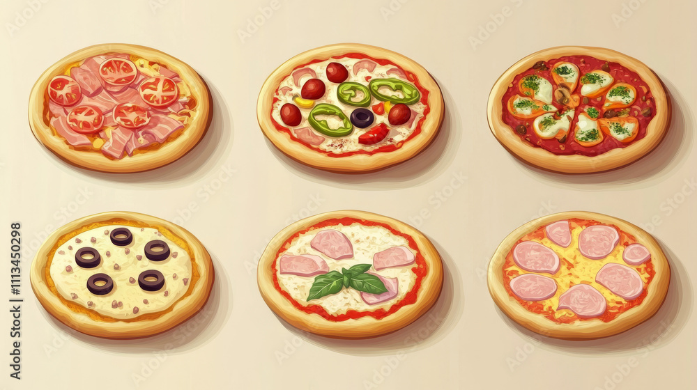 Pizza constructor with round dough base, slices, different topping and sauces. Vector cartoon set of ingredients for cooking italian pizza, tomato, pepper, olives, onion, ham and cheese Pizza constructor with round dough base, slices, different topping and sauces. Vector cartoon set of ingredients for cooking italian pizza, tomato, pepper, olives, onion, ham and cheese