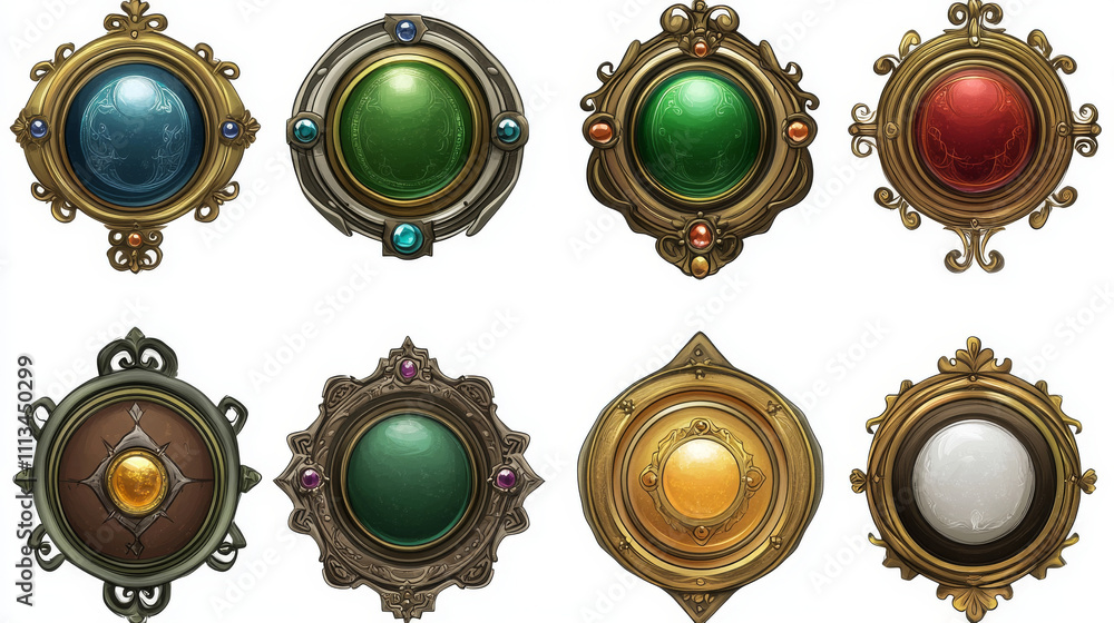Green game buttons with gold, silver and bronze frames in fantasy medieval style with swirls and gems. Game banners with golden, copper and metal borders, vector cartoon set Green game buttons with gold, silver and bronze frames in fantasy medieval style with swirls and gems. Game banners with golden, copper and metal borders, vector cartoon set