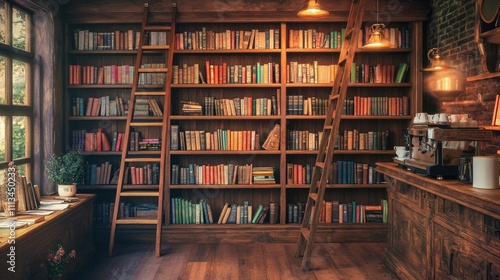 A quaint village bookshop with old wooden shelves