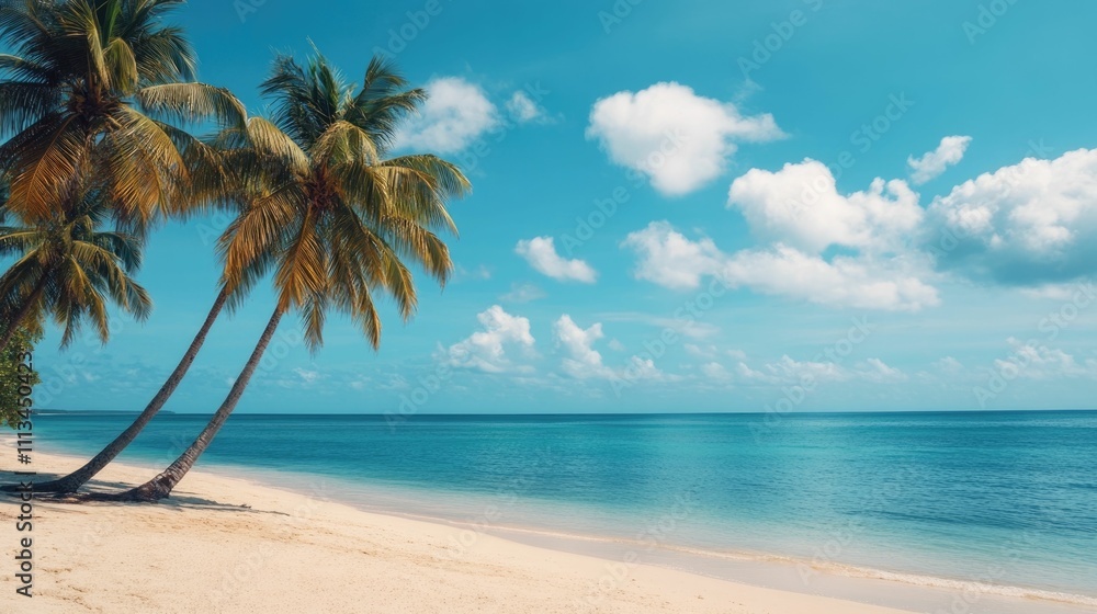 Fototapeta premium Enjoy the tranquility of a coastal paradise with swaying palm trees and a serene azure ocean view This idyllic tropical landscape invites you to escape relax and soak up the sun in a picturesque