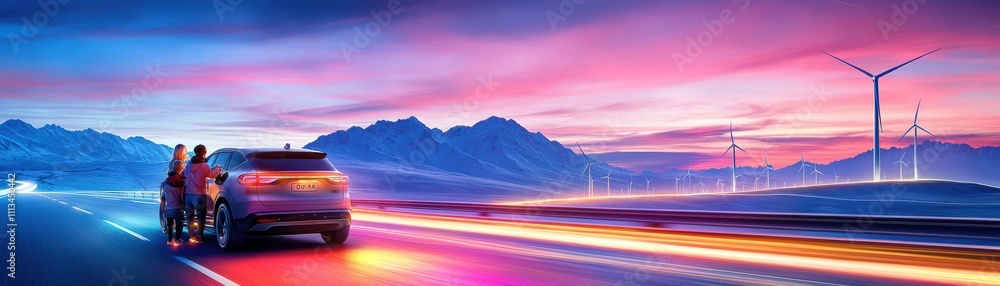 Naklejka premium A vibrant sunset scene with a car parked on a road, wind turbines in the background, and colorful skies reflecting a serene atmosphere.