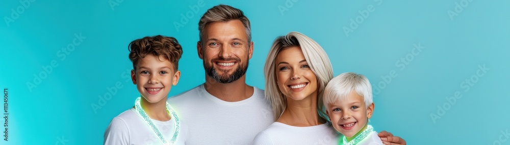 A joyful family portrait featuring a father, mother, and two children with bright smiles against a vibrant blue background. A joyful family portrait featuring a father, mother, and two children with bright smiles against a vibrant blue background.