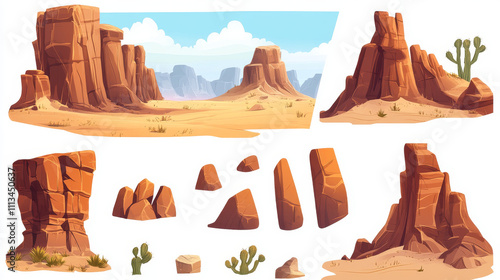 Big desert stone piles and cliff. Cartoon vector illustration set of west landscape brown rock and mountain. Game ui assets and elements of canyon formation and wall from rough boulder with texture. photo