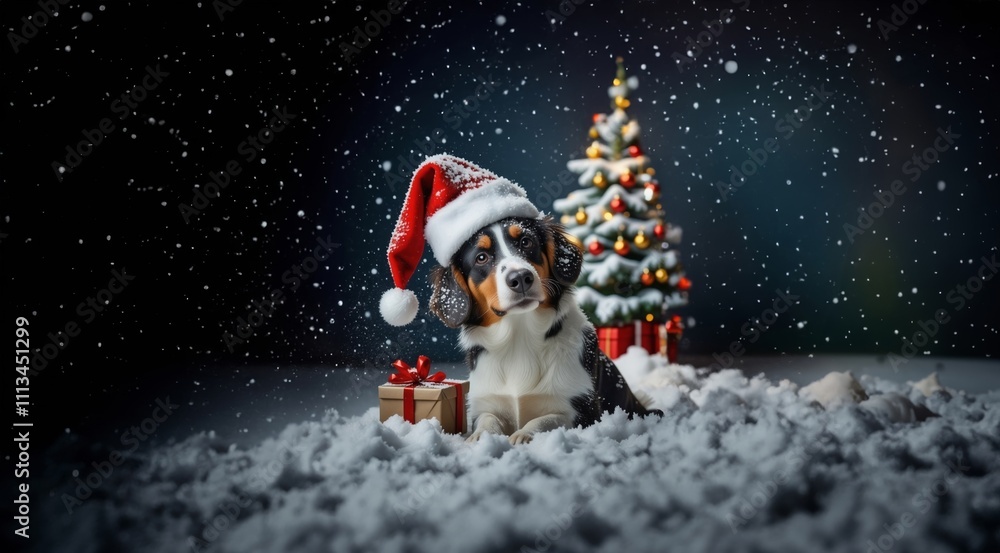 Dog in Santa hat on Night Christmas Background. Dog puppy in red Santa hat with Christmas gift on winter snow greeting card. Puppy dog in Christmas Santa hat near Christmas tree. Dog in Santa hat on Night Christmas Background. Dog puppy in red Santa hat with Christmas gift on winter snow greeting card. Puppy dog in Christmas Santa hat near Christmas tree.