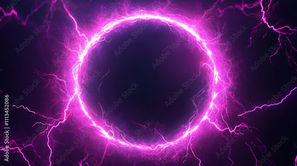 Round frames of electric lightning with sparks and neon glow. Pink and purple sparking discharge in circle shape. Empty banner template with abstract thunder bolt border, vector realistic set Round frames of electric lightning with sparks and neon glow. Pink and purple sparking discharge in circle shape. Empty banner template with abstract thunder bolt border, vector realistic set