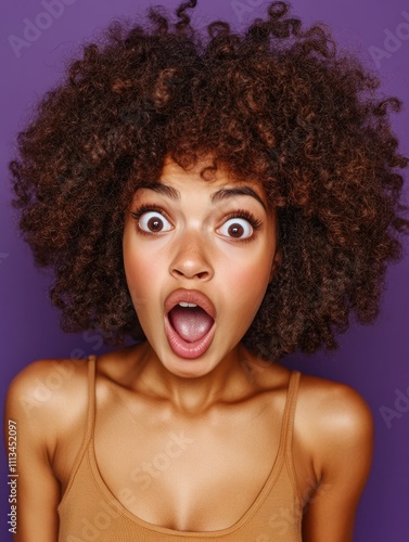 Human face expressions and emotions concept. Surprised African American girl with curly bushy hair has natural beauty looks indignant at camera has widely opened mouth isolated over purple wall photo