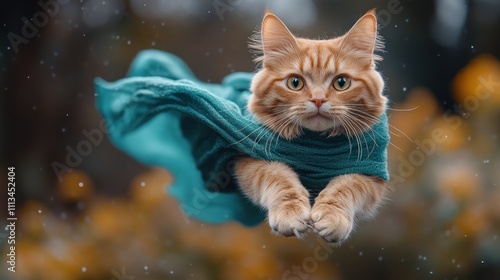 Playful Orange Cat Superhero Flying in Teal Cape Cute Animal Humor