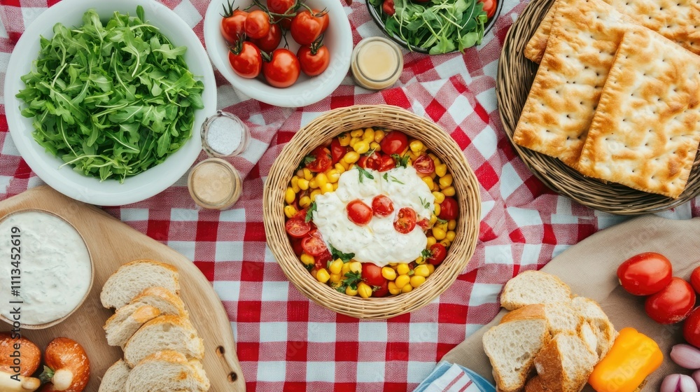 Park Picnic with Family Style Comfort Food Gathering in Rustic Outdoor Setting Colorful and appetizing homemade dishes on a picnic blanket Park Picnic with Family Style Comfort Food Gathering in Rustic Outdoor Setting Colorful and appetizing homemade dishes on a picnic blanket
